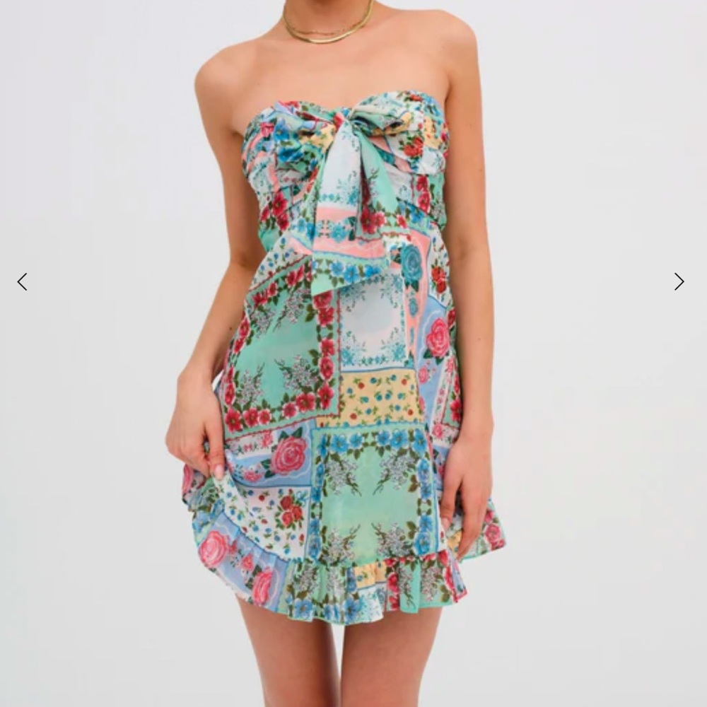 For Love And Lemons Floral Patchwork Mini Dress - Green and Red - Picture 1 of 5